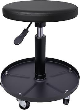 Mechanic Stool, 300 LBS Rolling Pneumatic Creeper Garage/Shop Seat, Adjustable Height Padded Rolling Workshop Stool with Tool Tray, for Garage, Shop, Auto Repair Black
