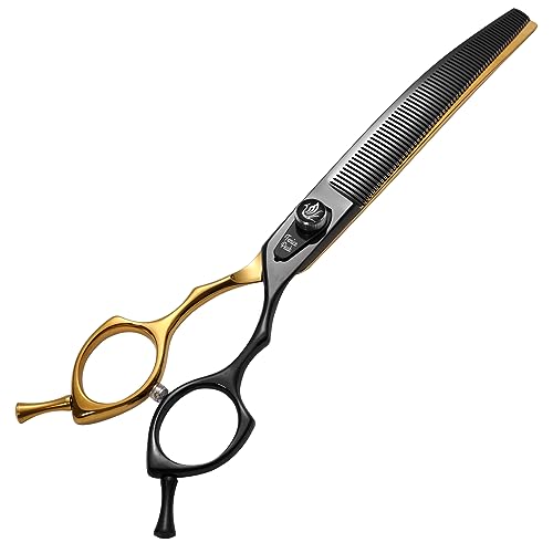 Fenice Peak Black and Golden Professional Curved Thinning Dog Grooming Scissors 7.5'' 440C Stainless Steel Thinner Shear Sharp and Durable with Decorative Screw