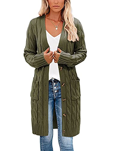 Image of Earnmore Womens Long Cardigan Cable Knit Sweater, Long Sleeve Open Front Button Sweater Coats Outerwear with Pockets for Fall Winter (Army Green), M