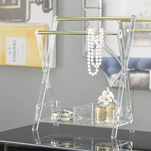 Qgoods Clear Acrylic Plastic Hand Crafted Customized X-Design Gold Metal Bar Jewelry Display Stand Organizer With 2 Sectioned Storage Tray #TOP2