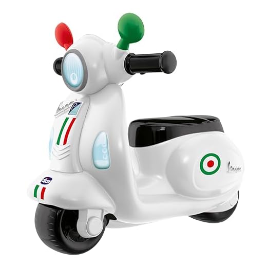 Chicco Motorcykel för barn Vespa Primavera, barnfordon med elektronisk kontrollpanel, ljus och ljud, avtagbara stödhjul, max 25 kg, barnleksak från 1–3 år