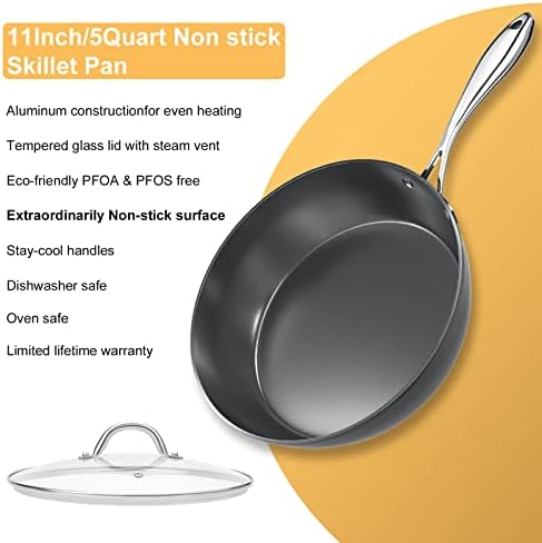 COOKER KING Deep Non stick Frying Pan with Lid, 11-inch Saute Pan,Healthy Pan for Cooking, Induction Compatible | Dishwasher Safe | Oven Safe | Non-Toxic PFOA & PFOS free (Black)