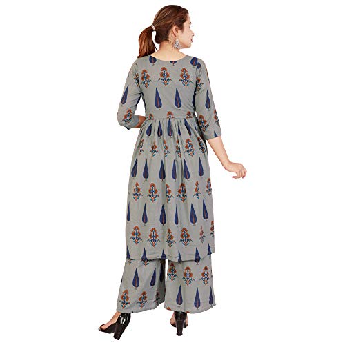 Image of Women's Kurta with Palazzo Set Fabric Cotton and Printed -Grey Color