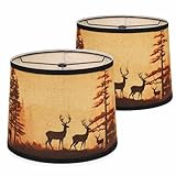 Rustic Deer Printed Large Drum Lamp Shades Set of 2. Easy Assembly.11.4'x13'x10' Barrel Brown Lamp Shade For Cabin Lodge Decoration.Replacement Lamp Shades For Table Lamps(Spider Model)