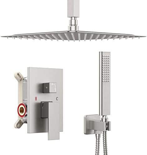 Iriber Ceiling Mount Rain Shower System with Shower Head and Handheld Bathroom Shower Set Contain Shower Faucet Mixer and Trim Kit (Valve Included) (Brushed Nickel)
