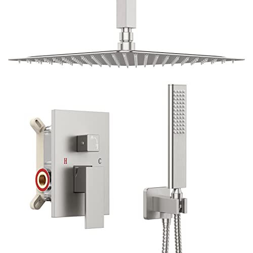 Iriber Ceiling Mount Rain Shower System With Shower Head And Handheld Bathroom Shower Set Contain Shower Faucet Mixer And Trim Kit (Valve Included) (Brushed Nickel) #TOP5