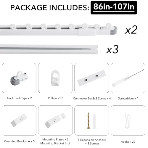 RYB HOME Ceiling Curtain Track Retractable Slider Curtain Track System Heavy Duty Easy Install for Living Room Divider Hospital Bedroom Sliding Glass Door, Matte White, 7.2-8.9 FT, 1 Set