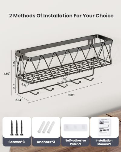 Image of Key Holder Wall Mount Adhesive- Key and Mail Holder for Wall with 5 Hooks, Wall Mounted Mail Organizer and Key Rack, Modern Basket Key Hanger for Entryway, Home, Living Room Wall Decor, Black
