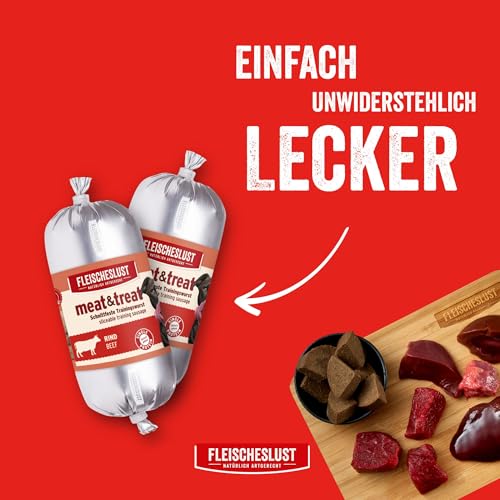 Fleischeslust Hundewurst, Meat&Treat Rind (15x200g), schnittfeste Trainingswurst, Hundefutter für ausgewachsene Hunde