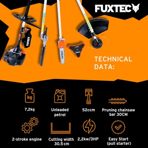 FUXTEC MT152 Petrol Garden Multi Tool | 52cc 3HP Petrol Multitool 5-in-1 with Strimmer, Brush Cutter, Hedge Trimmer & Pole Saw, Easy Start