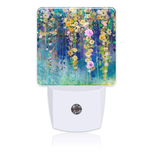 Abstract Ivy Flowers Watercolor Painting Night Light Plug into Wall with Dusk to Dawn Sensor Cute Nightlight for Kid Girls Boys Women Room Decor, Hallway, Kitchen, Bathroom, Nursery, Stairs