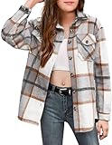 Arshiner Girls Flannel Plaid Jackets Button Down Long Sleeve Shirts Blouses Tops with Pockets Outfits Gray