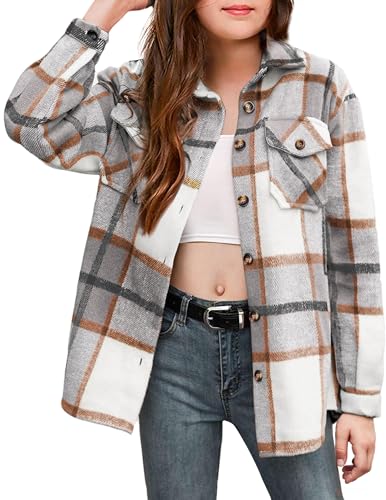 Arshiner Girls Flannel Plaid Jackets Button Down Long Sleeve Shirts Blouses Tops with Pockets Outfits Gray