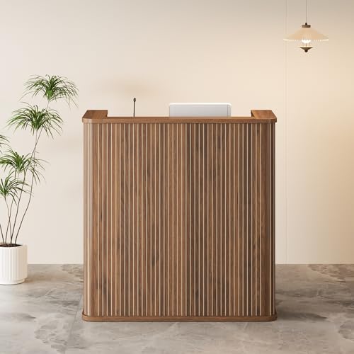 42.1 Inches Reception Desk,Fluted Round Corner Modern Reception Table,Front Counter Table,for Salons, Offices Lobbies Retail Stores and Home Offices (Walnut)