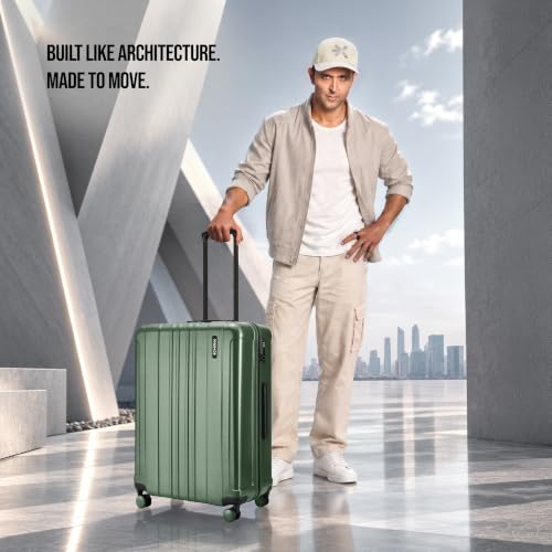 Image of HRX Force Medium Size Dark Green Polycarbonate Hard Shell Suitcase - Premium Travel Trolley Bag with 8 Spinner Wheels, Number Lock & Water Resistant Body