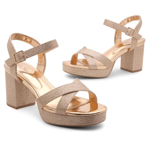 Image of Shoe Land Platform Heels for Women - 3 Inch Chunky Block Heeled Sandals, Square Open Toe, Ankle Strap Dressy Strappy High Heels for Wedding, Party & Evening Events