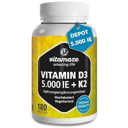 Vitamine D3 K2 hoge dosering, 180 tabletten, 5000 IE vitamine D3 + 100 mcg vitamine K2 depot, zonder onnodige toevoegingen, hoge biologische beschikbaarheid, gemaakt in Duitsland