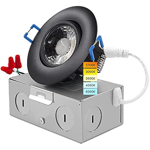 Luxrite 3 Inch Gimbal LED Recessed Light with Junction Box, 5CCT Color Selectable 2700K-5000K, Dimmable Adjustable Eyeball Swivel Lights, 600 Lumens, 8W, IC Rated, Damp Rated, ETL Listed, Black Cover