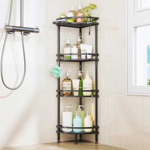 Image of HapiRm Standing Corner Shower Caddy - 4 Tier Shower Organizer Corner with Soap Holder and 4 Hooks, Rustproof Bathroom Storage Shelves with Adhesives, Black