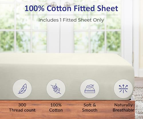 Image of ROYALE LINENS 300 Thread Count 100% Long Staple Combed Cotton Fitted Sheet Full - Super Soft Deep Pocket Bottom Sheet - Fitted Sheets Only - Elastic Sheets (Full, Ivory)