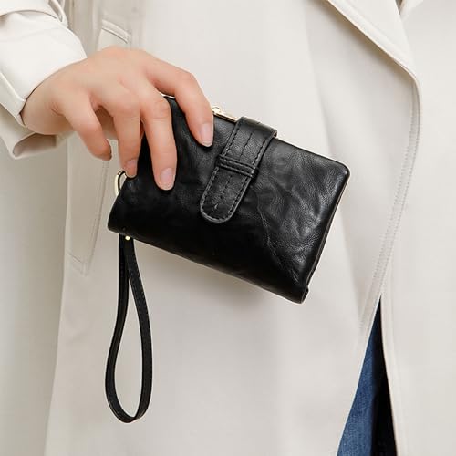 Wallets for Women Small Leather Rfid Ladies Wallets Bifold Medium Billfolds for Women Compact Trifold Wristlet with Wrist Strap Coin purse Card holder (Black)4