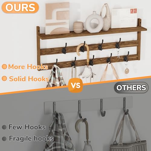 AMBIRD Coat Rack Wall Mount with Shelf, 29" Coat Hooks Wall Mounted with 9 Metal Hooks for Entryway, Bathroom, Bedroom, Living Room, Kitchen, 2 Tier Wall Hooks for Clothes, Hat, Towel, Key, Purse by AMBIRD - Image 2