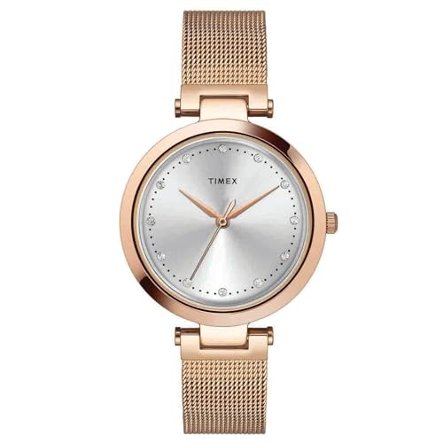 TIMEX Womens 34 mm Fashion Silver Dial Rose Gold Stainless Steel Mesh Bracelet Analogue Watch - TWEL11823