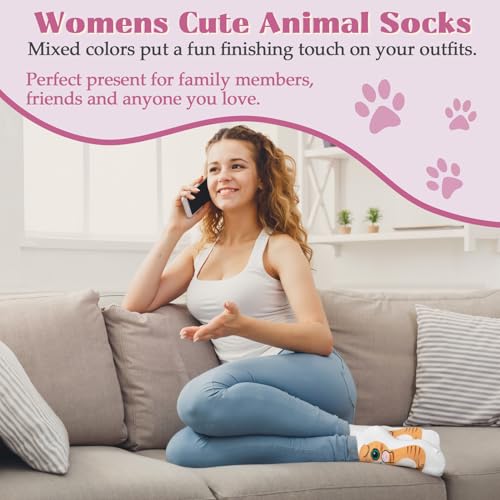 YSense 5 Pairs Womens Cute Animal Socks Dog Cat Fun Cotton Casual Crew Funny Socks