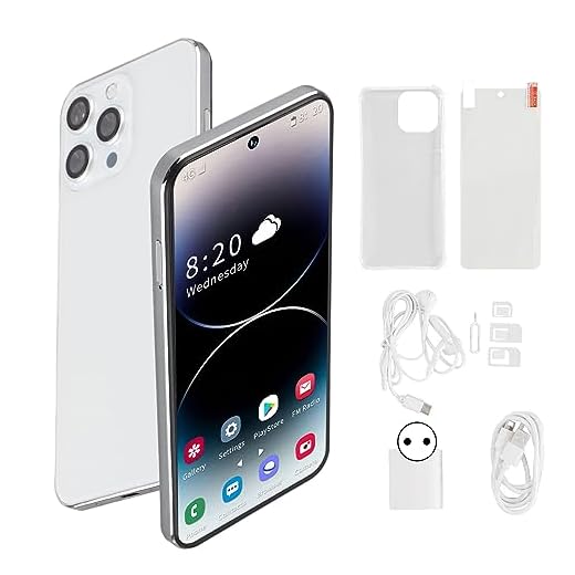 Phablet Android 4G Sbloccato, I14 ProMax 6 Telefono Cellulare con Schermo Perforato da 7 Pollici 4 GB 128 Rom 4000 mAh Telefono Cellulare Sbloccato per 12 100-240 V Bianco Spina