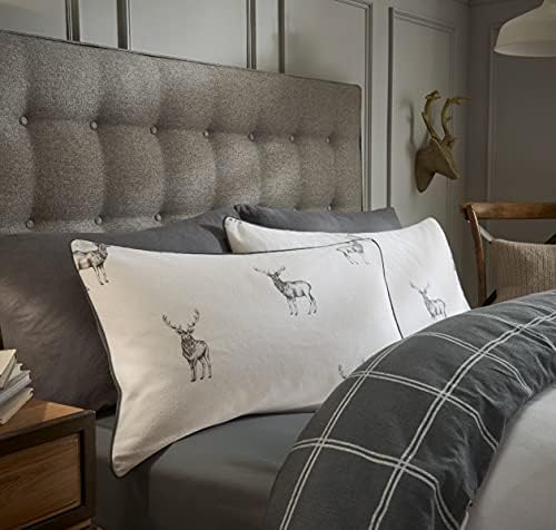 Sleepdown Stag Brushed Cotton Grid Reversible Piped Edged Thermal Warm Cosy Super Soft Duvet Cover Quilt Bedding Set with Pillow Case - Single (135cm x 200cm) - Grey