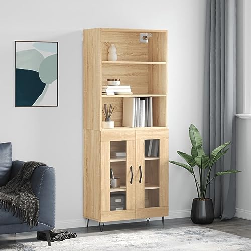 Nqyjm Meuble de Rangement avec 2 Portes Vitrées Buffet Haut Chêne Sonoma 69.5x34x180 cm Bois d'ingénierie Armoire Latérale Placard de Salle à Manger pour Cuisine, Salon Model 1