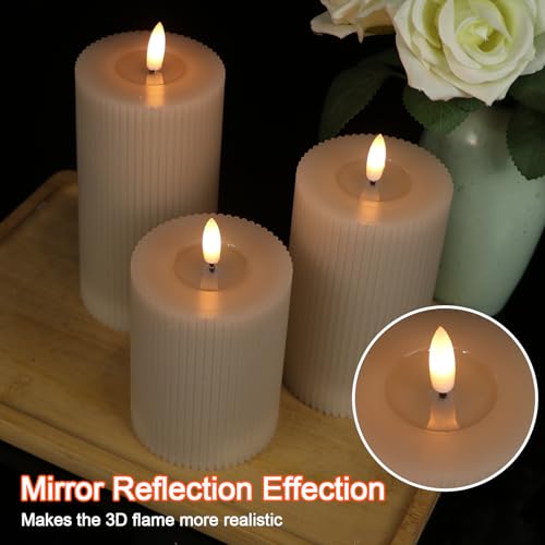 Image of GenSwin Mirror Surface Flameless Candles with Timer, Real Wax LED Pillar Candles Battery Operated with 3D Flame, 3Pcs Stripe Flickering Battery Candles for Christmas Home Decor(Gray, D3 inch x H5 inch6 inch7 inch)