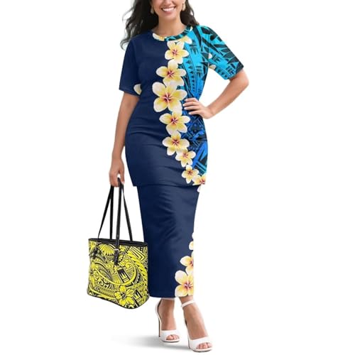 Image of Puletasi Samoan Traditional 2 Piece Outfits for Women Short Sleeve Crop Top and Maxi Skirt Sets Puletasi Dress