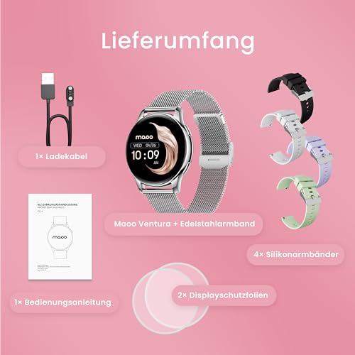 Maoo Ventura Smartwatch Damen mit Anruffunktion, 1,32-Zoll-AMOLED-Display, Herzfrequenzmesser, SPO₂, Blutdruckmesser, 100+ Sportmodi, IP67 wasserdicht, inklusive 5 Armbänder (Silber)