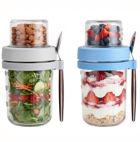 ALINK Paquete de 2 recipientes de avena nocturna con tapas de 16 onzas, tazas de yogur de doble capa con tapas, recipientes de vidrio para preparación de comidas para aperitivos, avena nocturna, yogur