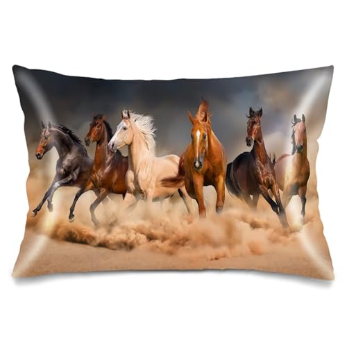 Satin Pillowcase for Hair and Skin,Western Throw Pillow Cover 20"x26" Silk Pillowcases Envelope Closure,Horse Pillow Covers,Horses Print Soft Cushion Cases Standard Pillow Case for Bed