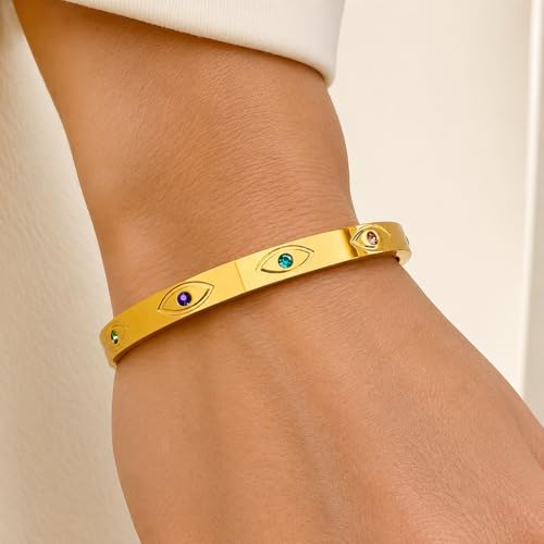 Image of Stylish Gold Plated Bangle for Women | Daily Use Stainless Steel Kada | Anti-Tarnish Waterproof Cuff | Multicolour Crystal Evil Eye | Daily Wear Bracelet For Womens | Premium Gift For Girl