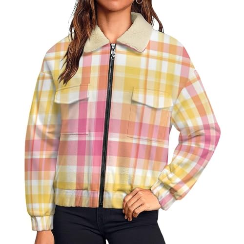 Manteau polaire à tartan mignon femme hiver imprimée rayures élégantes rose