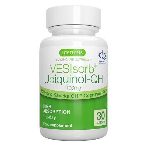 VESIsorb Ubiquinolo 100mg Kaneka, Ubichinolo Integratore Coenzima Q10 Idrosolubile ad Azione Rapida, Biodisponibilità 600% Alto Assorbimento, Maggiore Energia e Salute del Cuore, 30 Capsule - Igennus