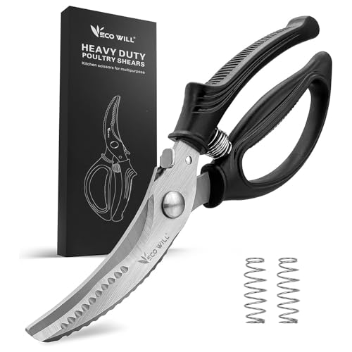 ECO-WILL Heavy Duty Kitchen Poultry Shears with 2 Springs, Non-Slip Handle & Safety Lock, Dishwasher Safe, Stainless Steel Scissors for Meat, Chicken, Bones, Fish, Vegetables, and More