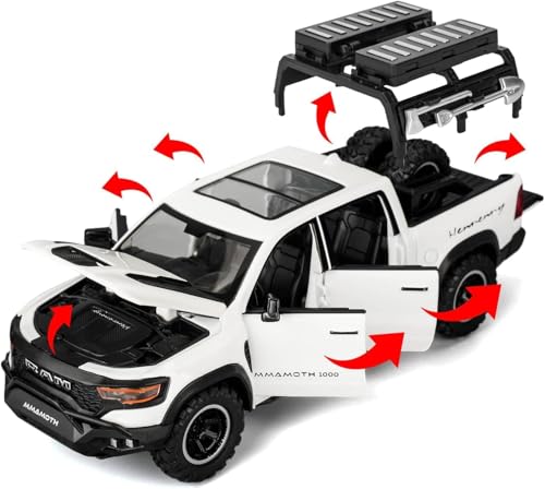 Image of 1 /32 Ram Pickup Truck Diecast Model Toy Car Metal Truck with Sound & Light Pull Back Friction Powered Toy Vehicle Openable Doors Collectible Gift for Kids & Boys (White)