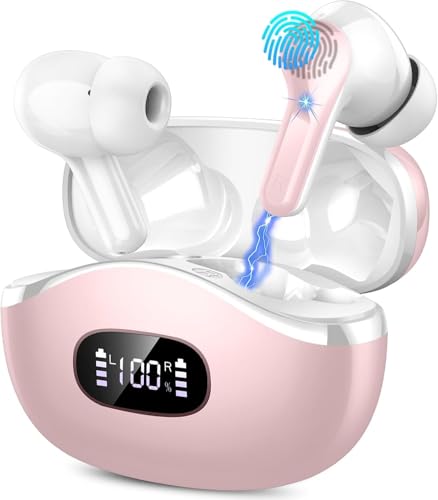 Image of Wireless Earbuds, Bluetooth Headphones 5.4 HiFi Stereo Ear buds with ENC Noise Cancelling Mic, 40H Bluetooth Earbuds with Dual LED Display Charging Case, IP7 Waterproof Earphones for Android iOS, Pink