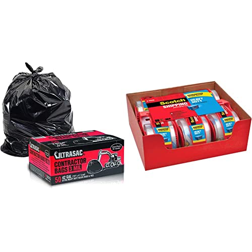 Ultrasac - RU CONTRACTOR 50 Heavy Duty Contractor Bags & Scotch Heavy Duty Packaging Tape, Packing Tape, 6 Rolls/Pack with Dispensers (142-6)