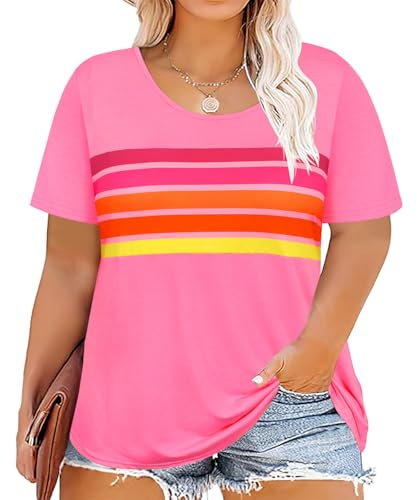 Image of CARCOS Plus Size Tops for Women Short Sleeve Summer Pullover Color Block Crewneck /V Neck Tee Tunic Loose Fit Tshirts XL-5XL