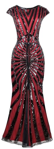 Image of Women Evening Maxi Long Dress 1920s Sequin Mermaid Hem Wedding Prom Gown Costume w / 20s Gatsby Accessories Set
