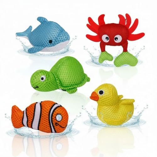 alldoro 60326 Aquanauts - Badewannen-Spielzeug - 5er Set, Polyester, 10-12 cm, bunt - schwimmende Badetiere für Kinder
