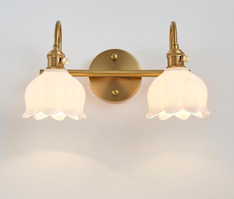 Image of Bathroom Light Fixtures, 3-Light Brass Vanity Wall Light with Amber Tulip Glass Shades, Vintage Wall Sconce Over Mirror for Bathroom, Bedroom, Living Room (Bulbs Not Included) (White, 2-Light)