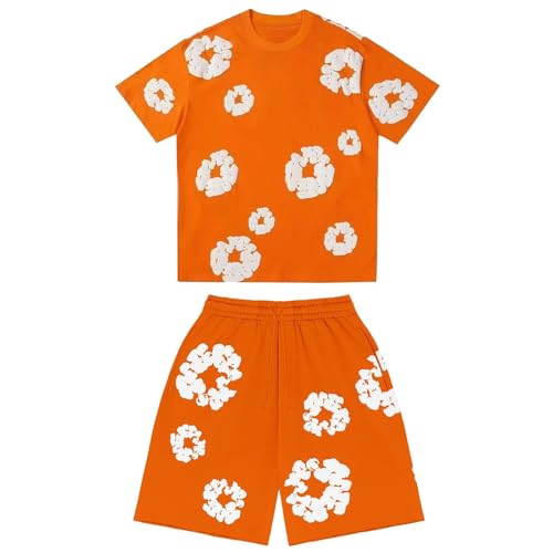TianWlio Ensemble 2 Pièces Homme Enfant T-Shirt et Short d'Été Imprimé Fleuri Y2K Hip Hop Streetwear Tee Shirt à manches courtes Short Baggy Jogging avec Poches (01-Ensemble-Orange, S)