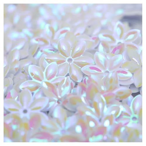 Queenbox 0.59in 10g Six Leaf Flower Sequin, PVC Loose Shiny Craft Spangles with Hole for DIY Art Clothing Nail, White AB