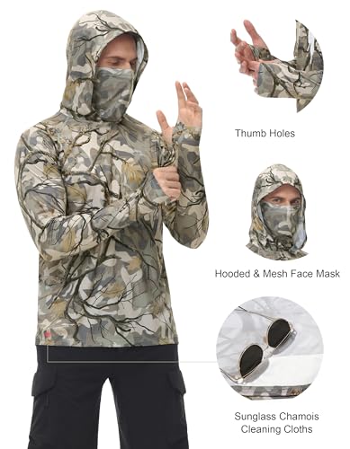 Image of FISHEAL Men's Hunting Shirts with Mask - UPF 50+ Camo Long Sleeve Fishing Hoodie Shirt with Adjustable Drawstring